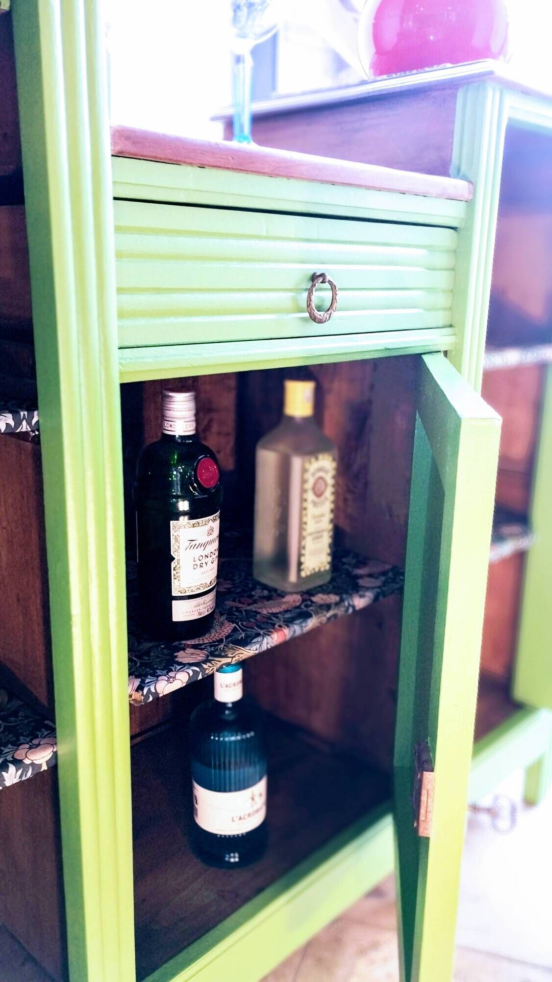 Art Deco Gin Buffet, painted in Farrow and Ball with a William Morris-inspired interior