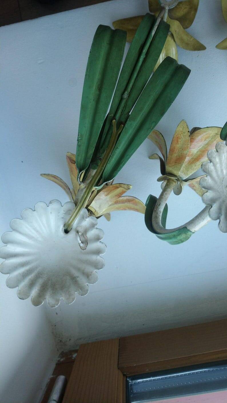 Floral single-arm wall lights, wall sconces, toleware, French vintage enamel.