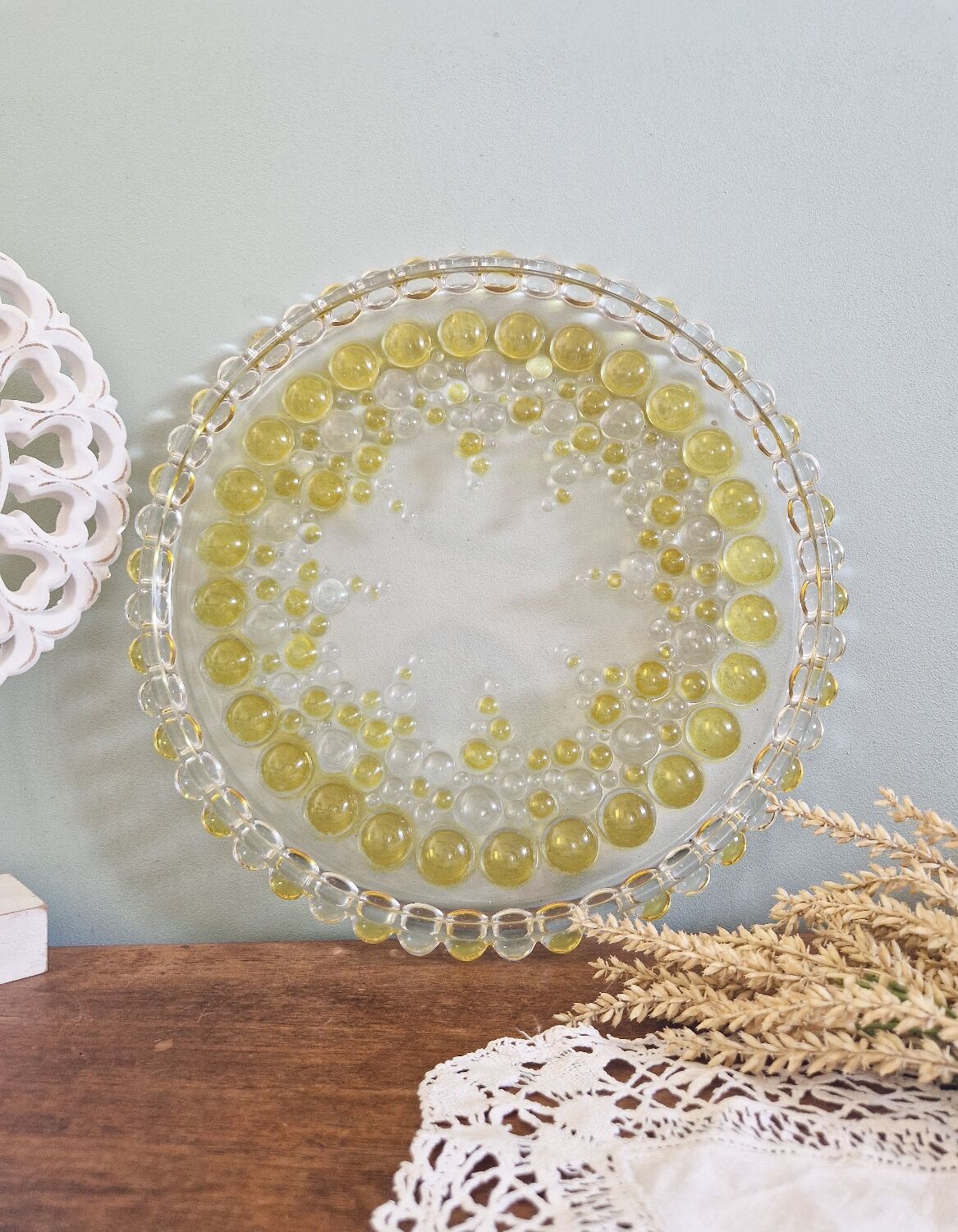 Vintage glass cake plate walther glass bubbles embossed