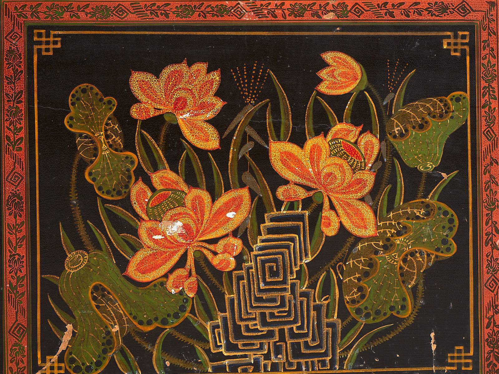 Antique wooden chest with lotus flower illustrations (China, circa 1900)