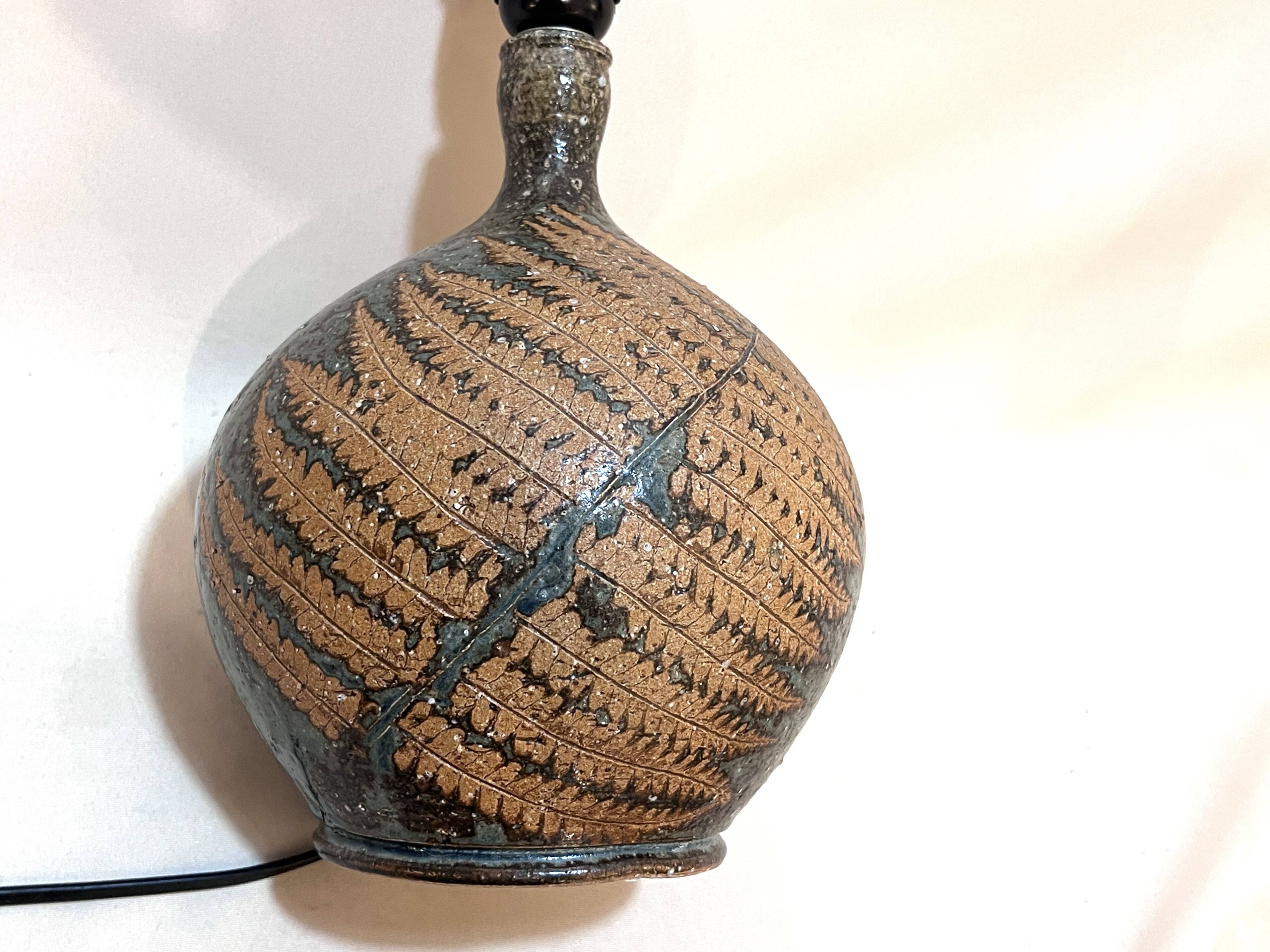 Vintage stoneware lamp by Alain Blanchard, 1970s, fern, rope shade