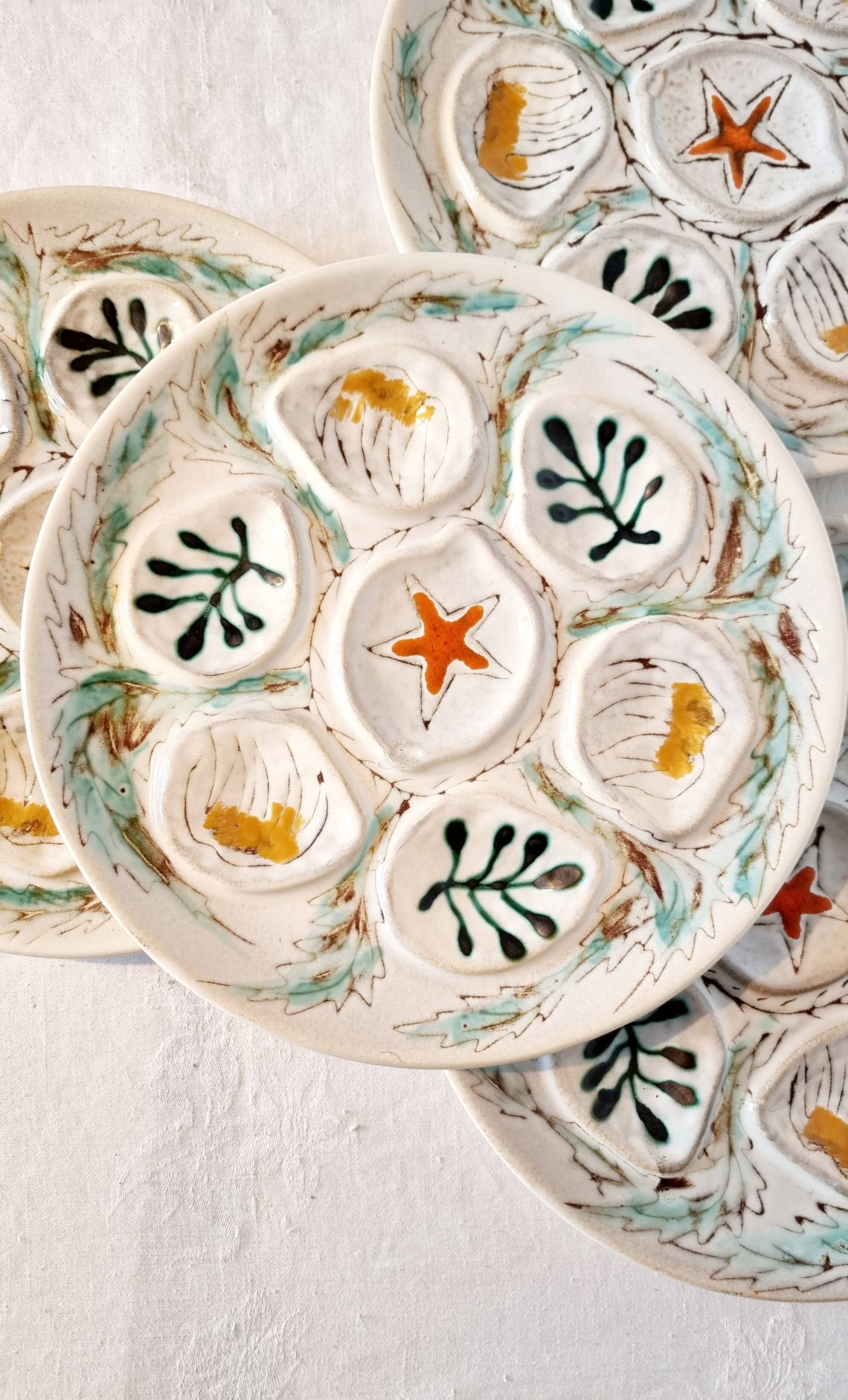 Interesting French porcelain oyster dish MBFA Pornic hand-painted marine M.