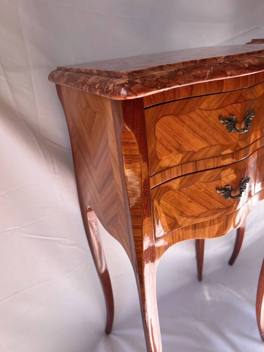 Pair of French Rosewood Nightstands, Marble Top Nighstands, Marquetry Bedsi