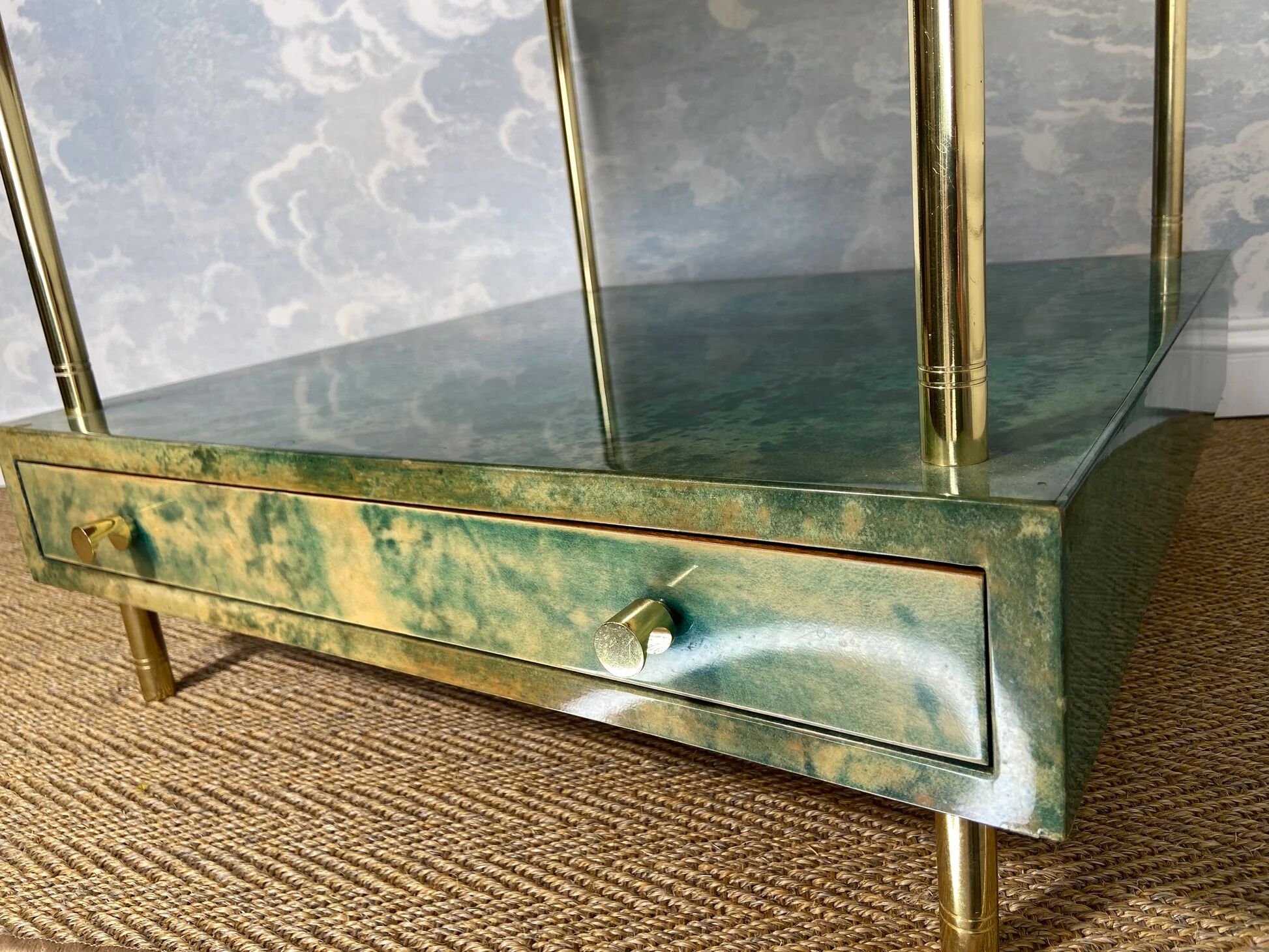 Aldo Tura side table in aqua green with brass legs and lower drawer.