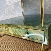 Aldo Tura side table in aqua green with brass legs and lower drawer.