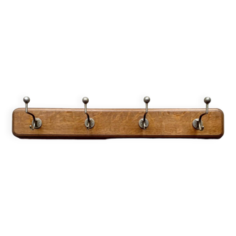 Vintage wooden wall coat rack - 4 steel hooks