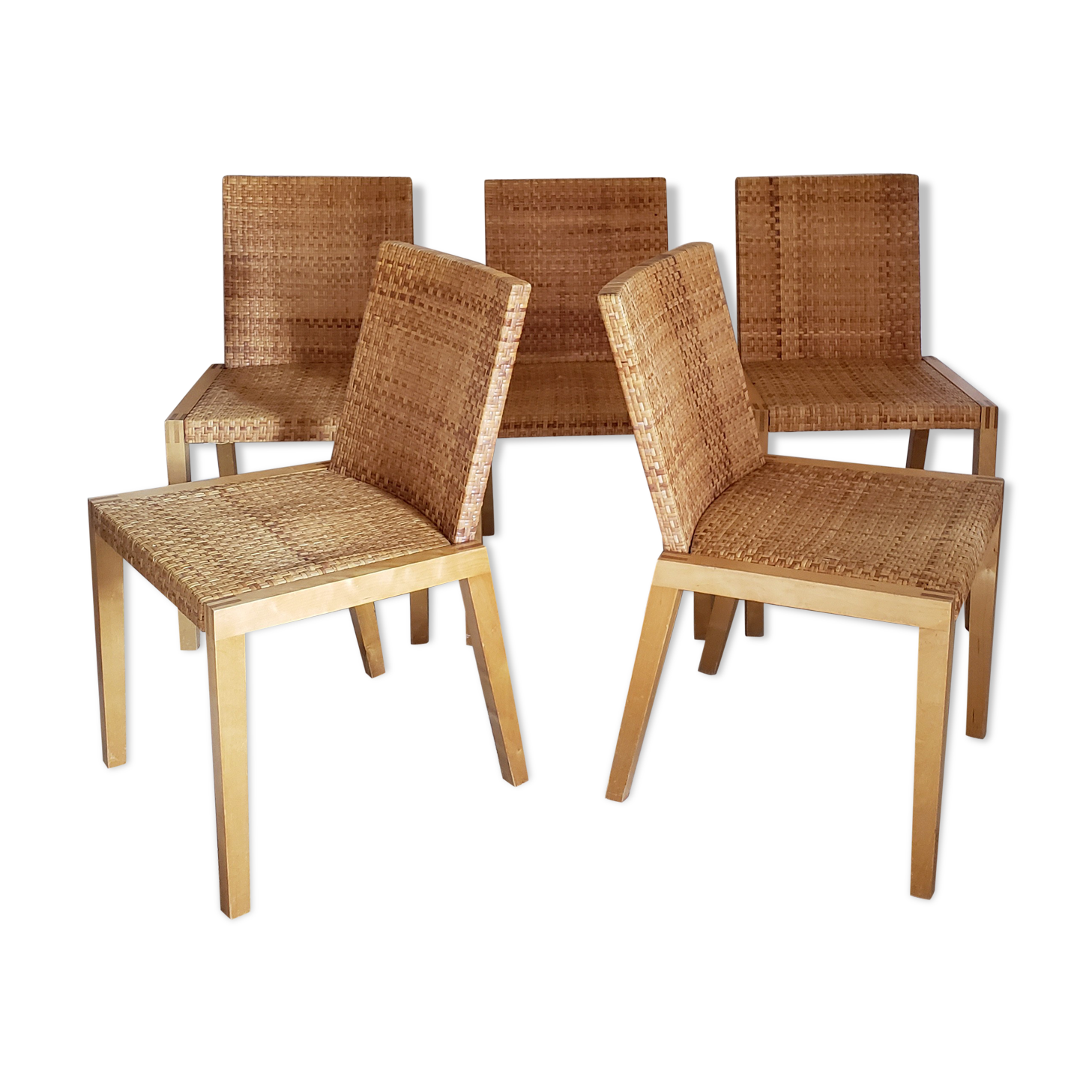 5 wooden and rattan chairs