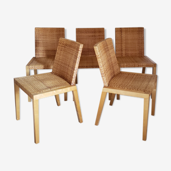 5 wooden and rattan chairs