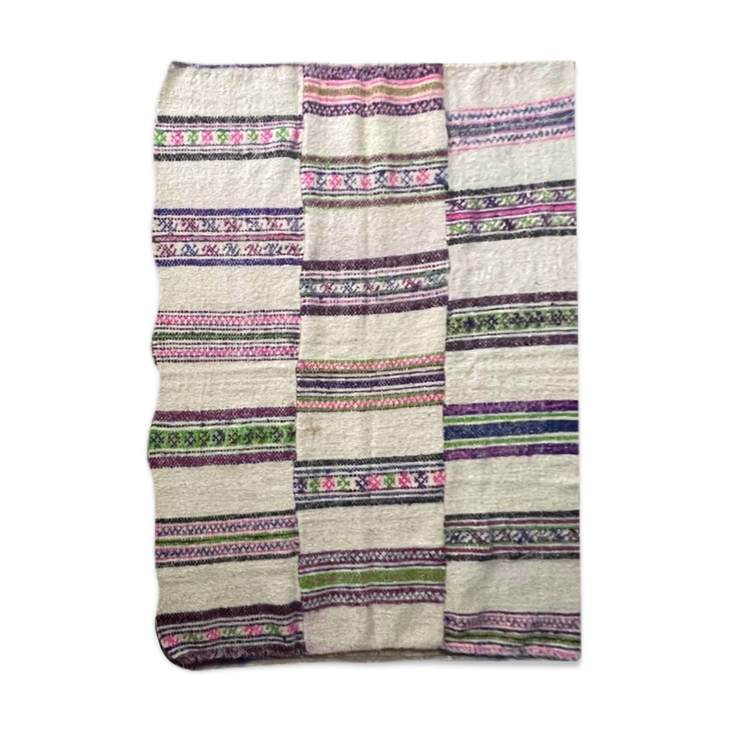 Tapis en laine blanche naturelle et moelleux avec des rayures colorées, tapis tissé à la main roumain.