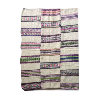 Tapis moelleux en laine blanche naturelle avec rayures colorées, tapis roumain tissé à la main