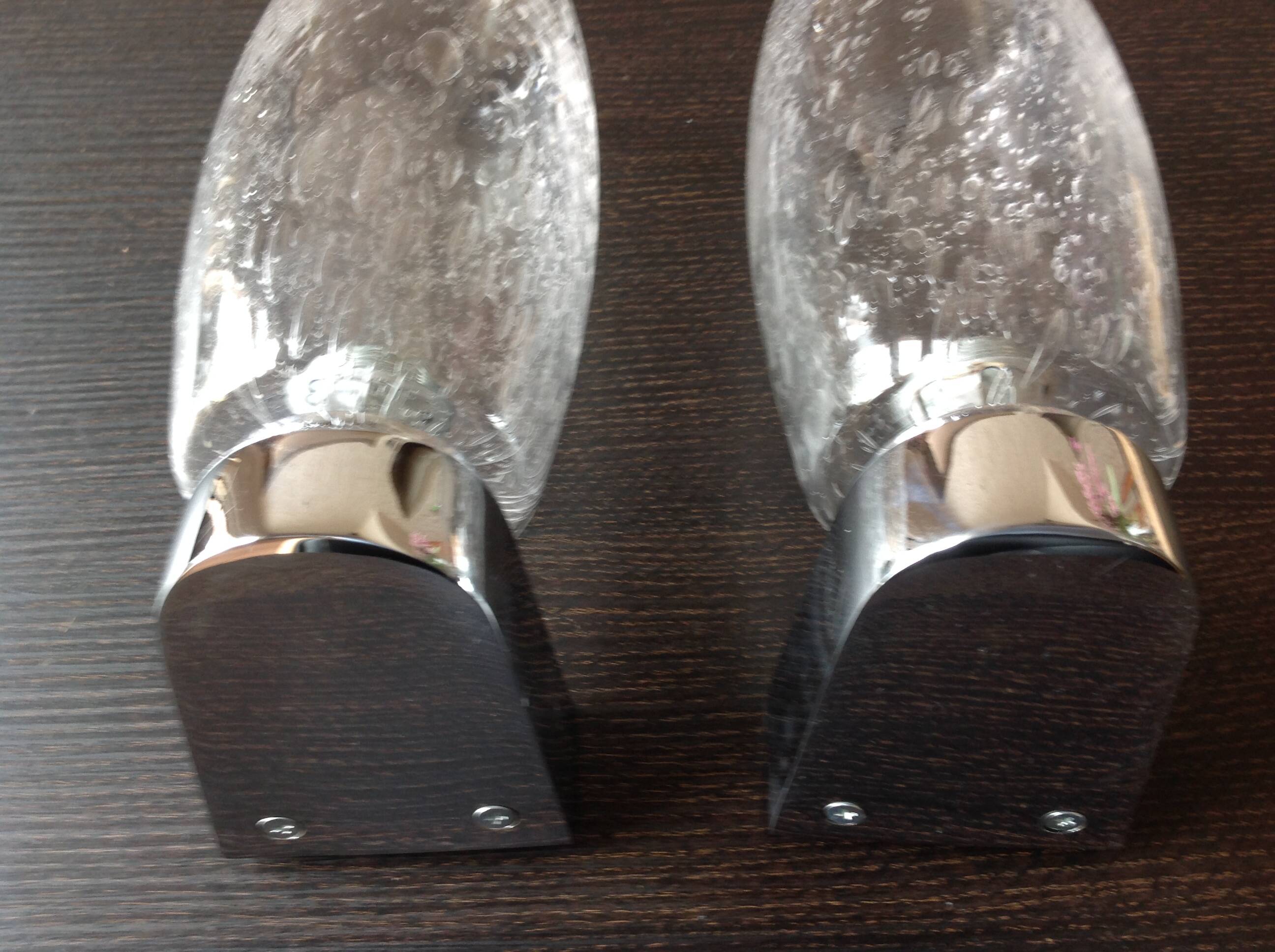 Pair of vintage 1970s-80s glass and chrome wall lights with teardrop shapes