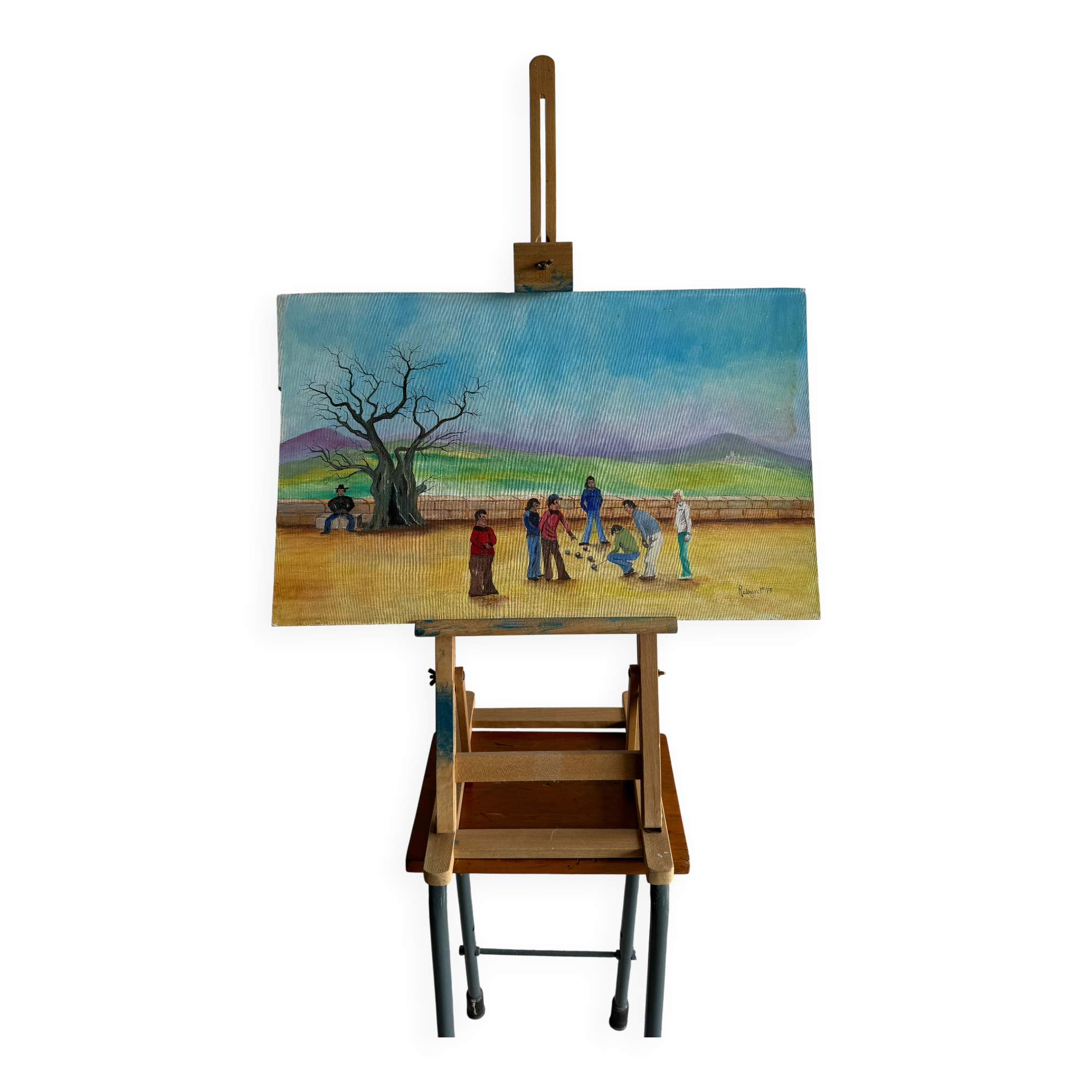Jeux des Boules (1979) by Rossignol — Blue canvas painting, 61 x 38 x 3 cm, vintage French scene