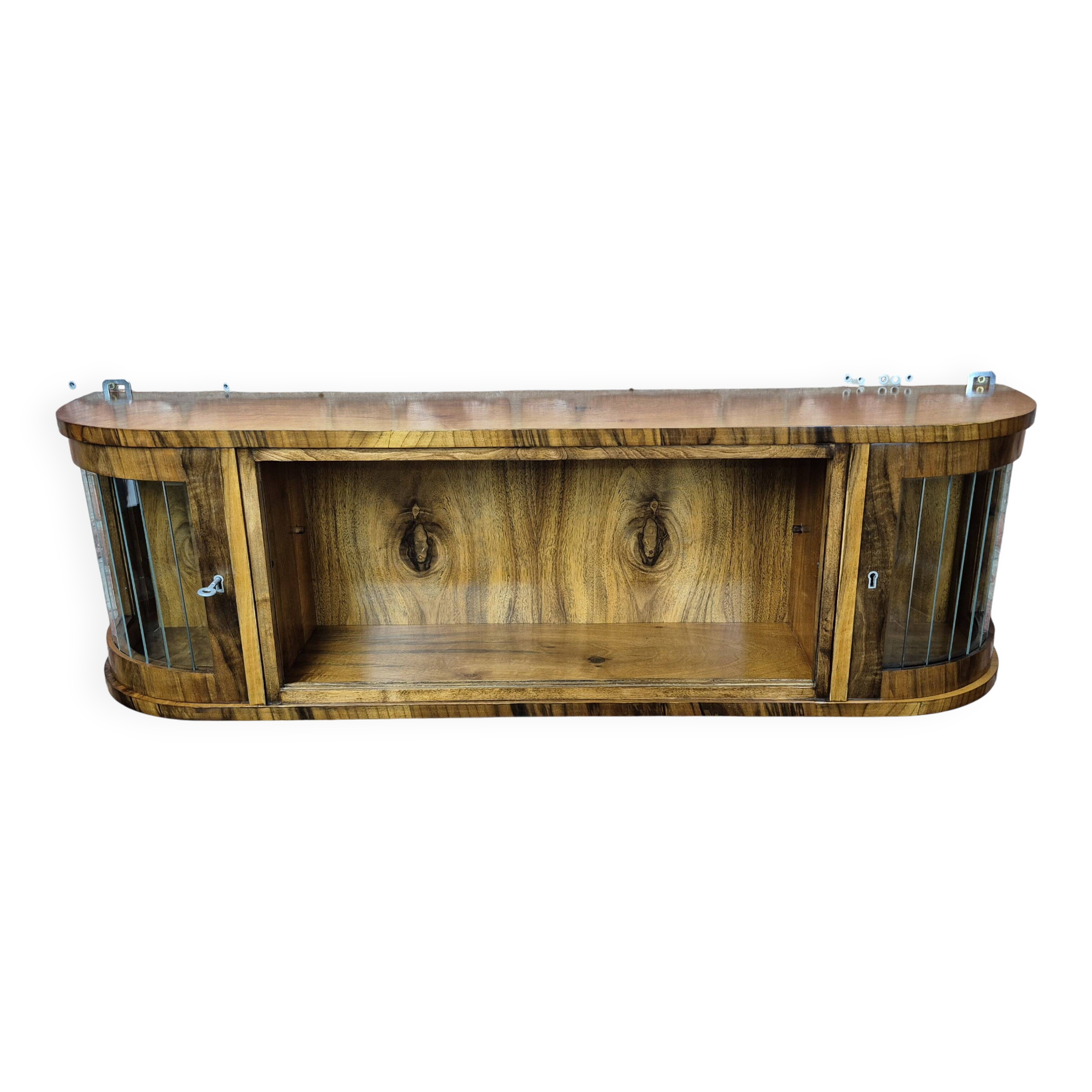 Rare 3-Zone Art Deco Walnut Wall Display Cabinet with Slatted Glass Doors