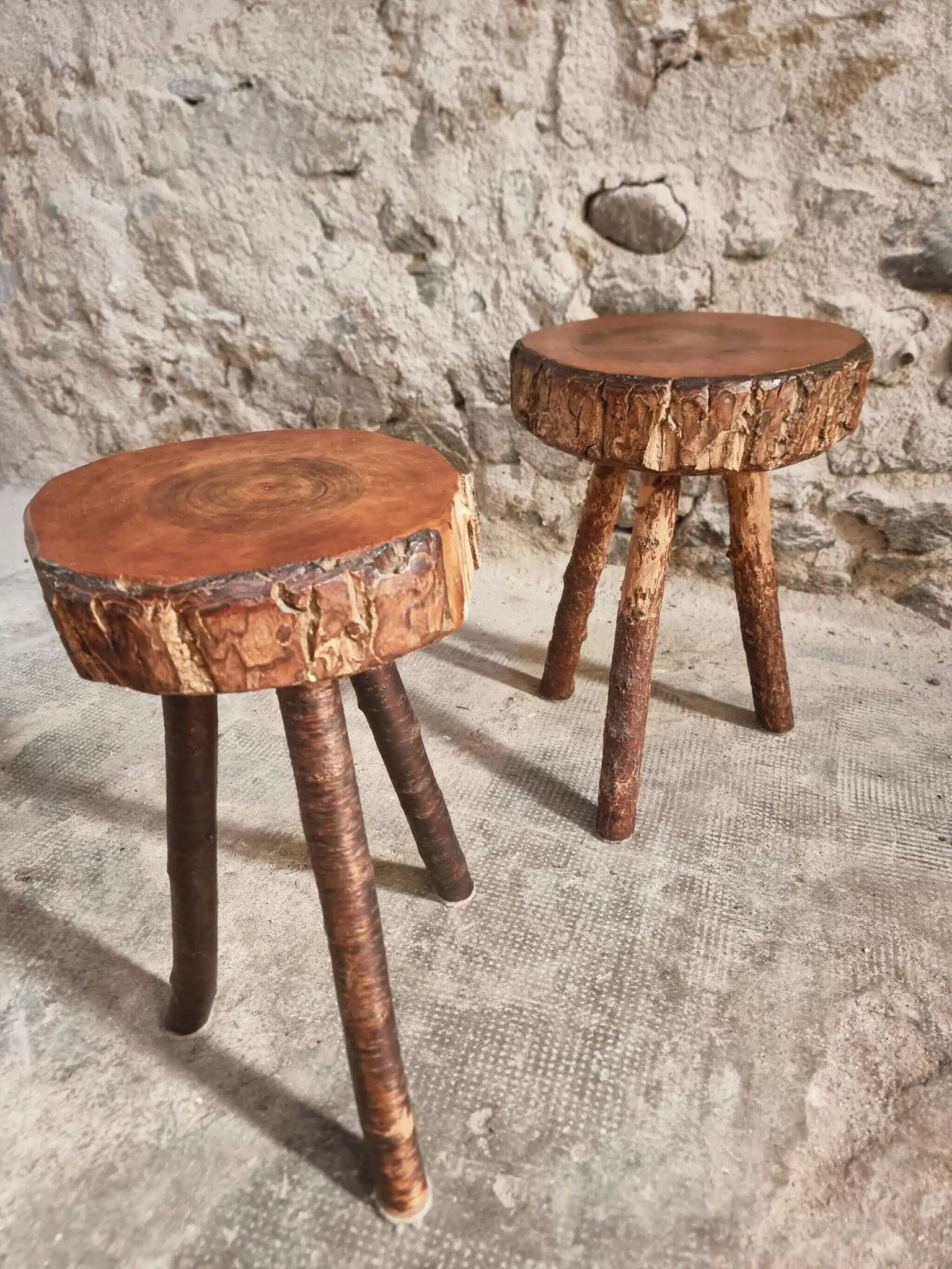 Vintage wooden tripod stools, set of 2, France 1960s