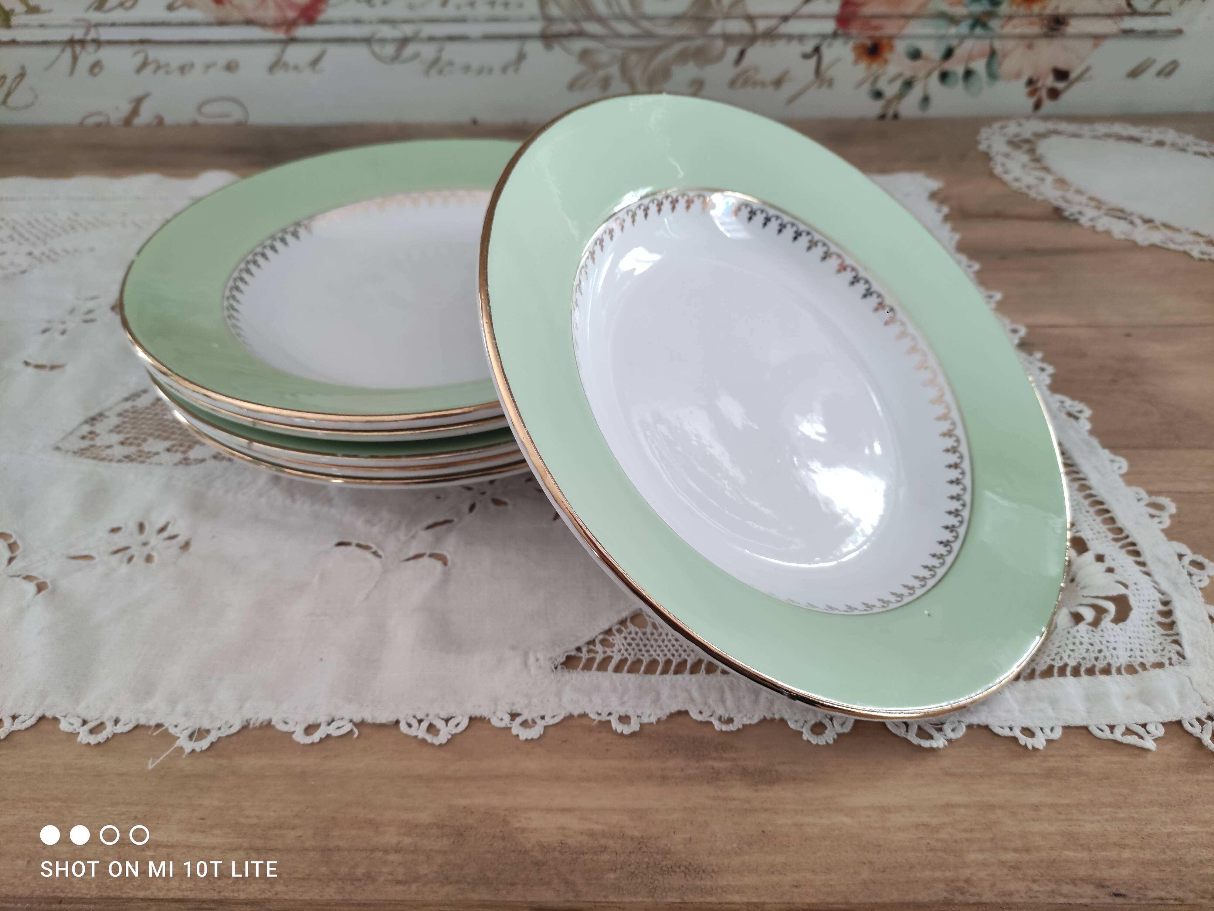 Lot de 6 assiettes creuses L'Amandinoise marli vert d'eau et frise dorée
