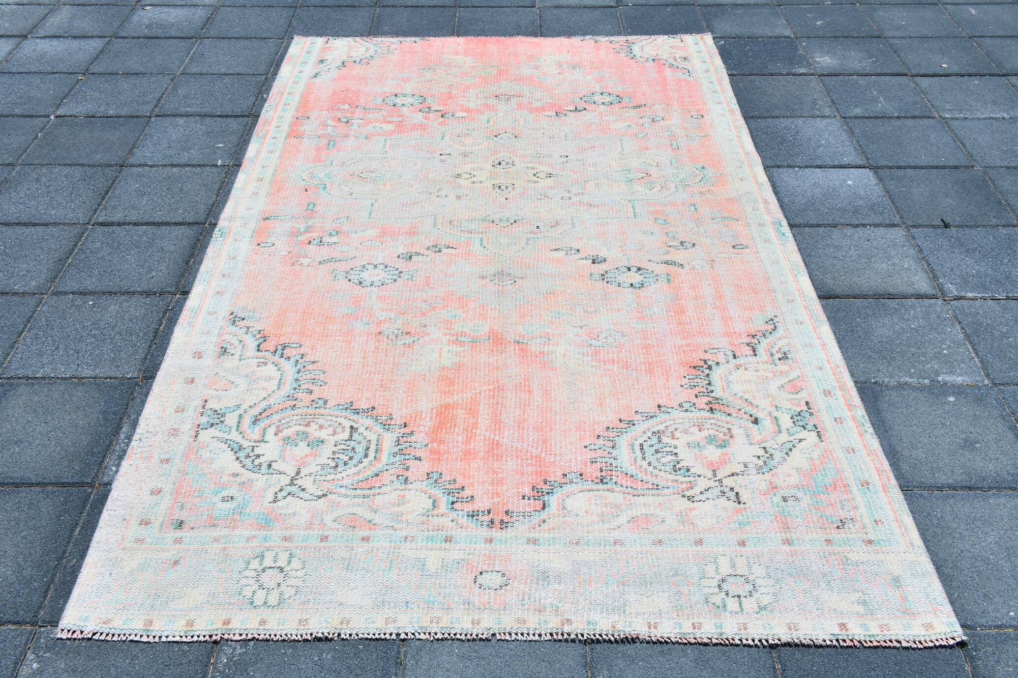 5x8 Turkish Vintage Oushak Rug, Coral Pink Area Rug For Bedroom, 147x241 Cm