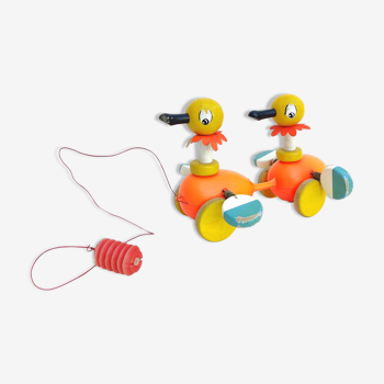 Toy old duck train to walk wood and plastic orange