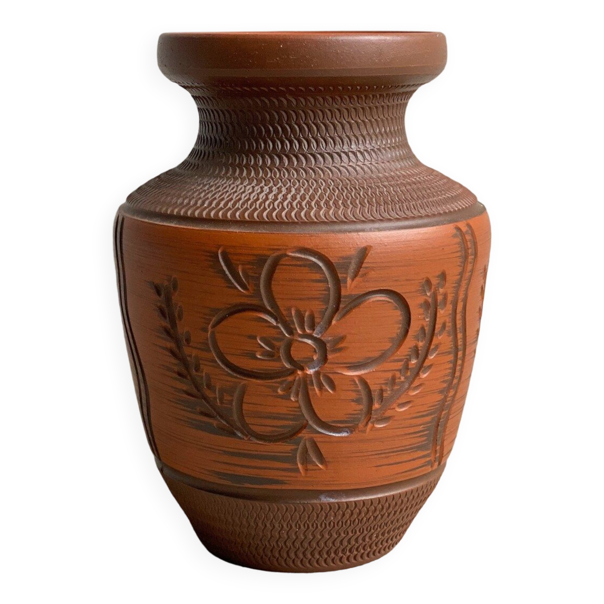 Vintage brown ceramic German vase, Mid Century terracotta pottery