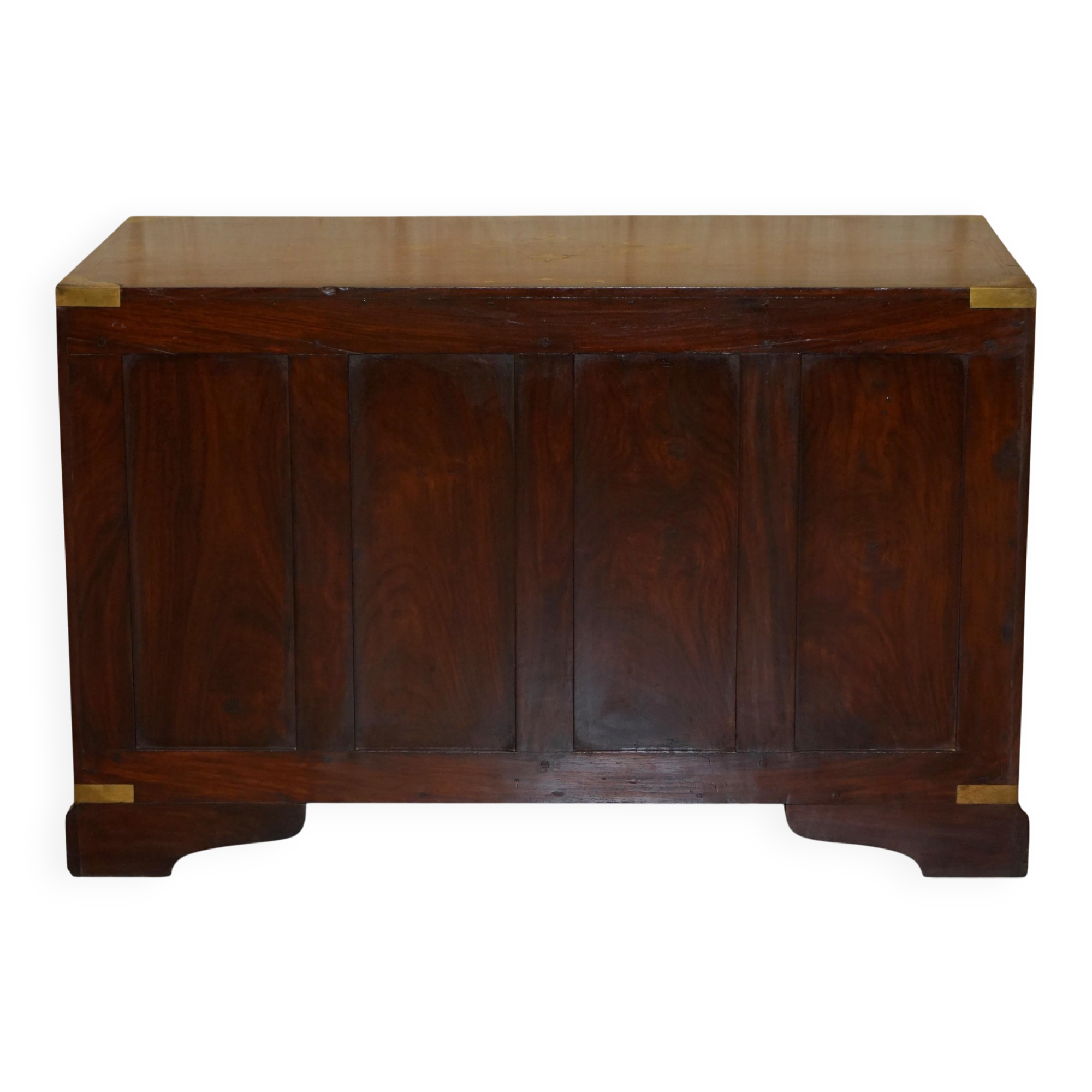 Vintage Anglo-Indian hardwood commode with brass inlays.