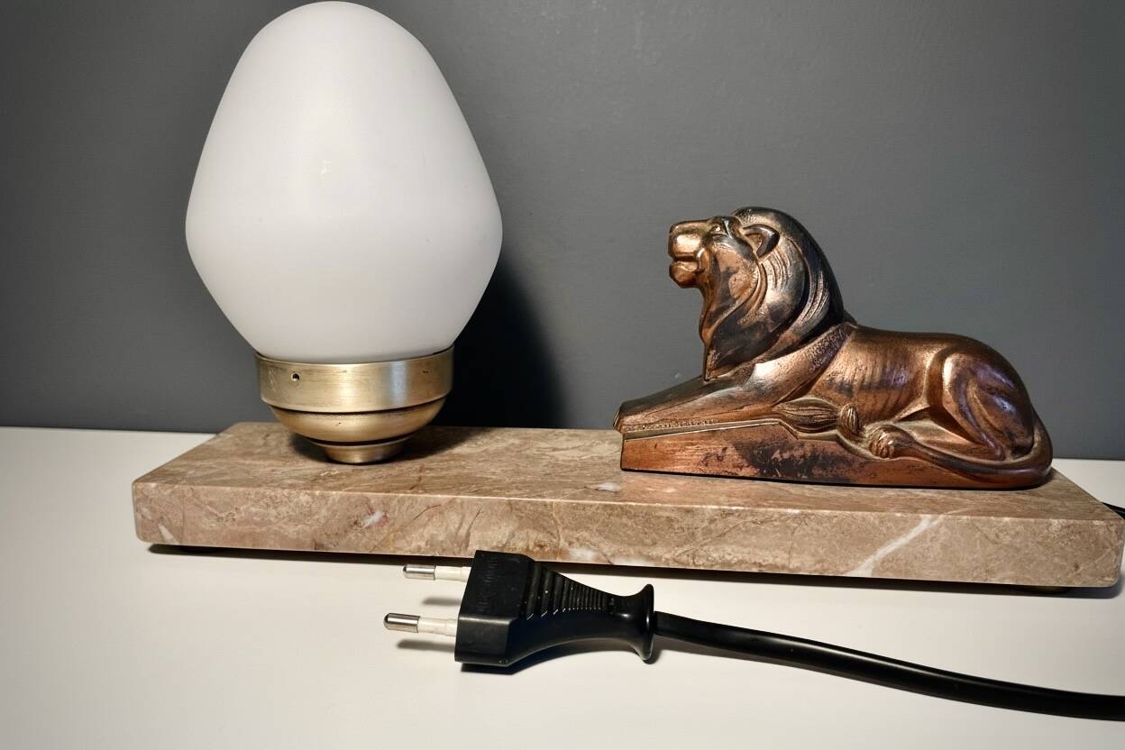 Art Deco lamp with marble, opaline globe & lion sculpture in spelter