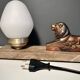 Art Deco lamp with marble, opaline globe & lion sculpture in spelter