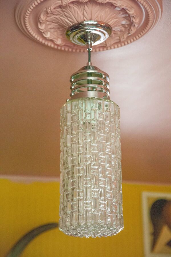 Suspension vintage, Suspension verre cylindrique et métal chromé, lampe de plafond