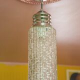 Vintage pendant lamp, Cylindrical glass suspension and chromed metal, ceiling lamp