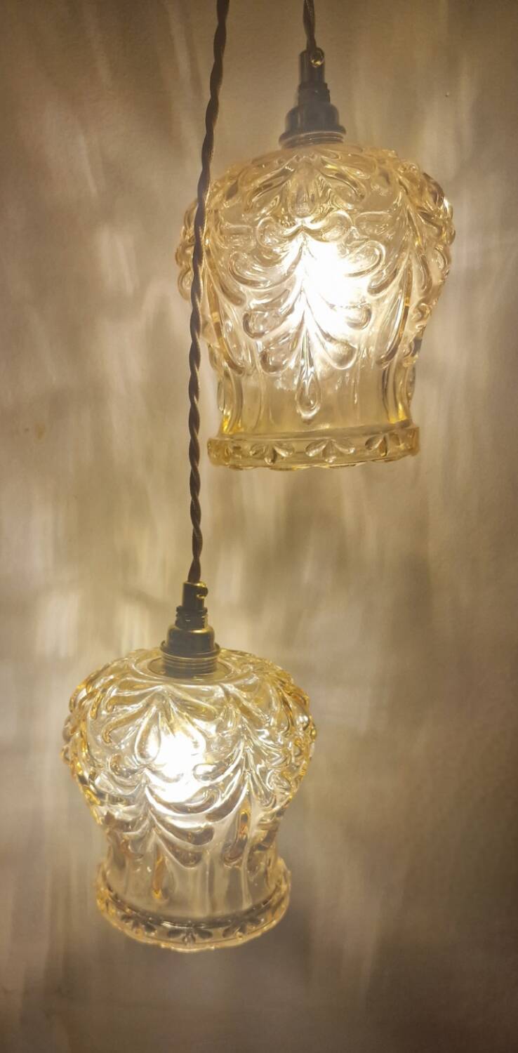 Duo of amber molded glass portable lamps