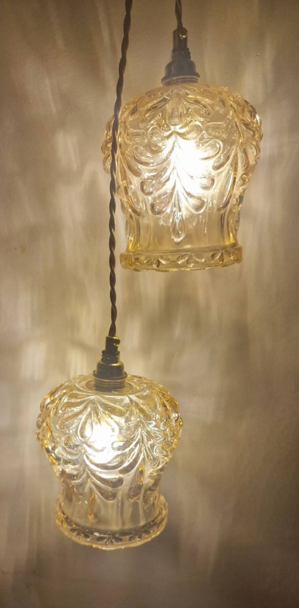 Duo of amber molded glass portable lamps
