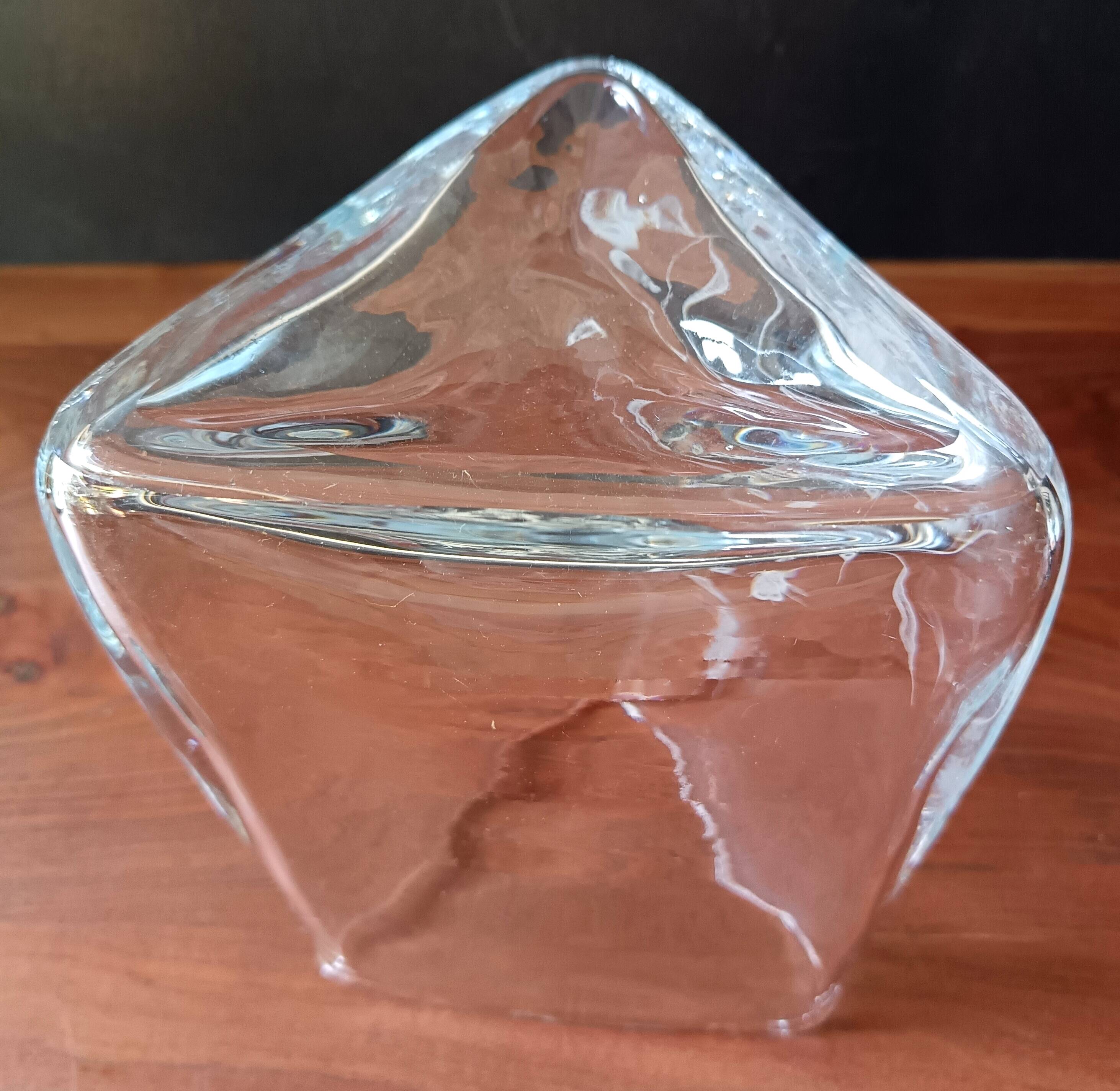 Large vintage crystal triangular transparent vase