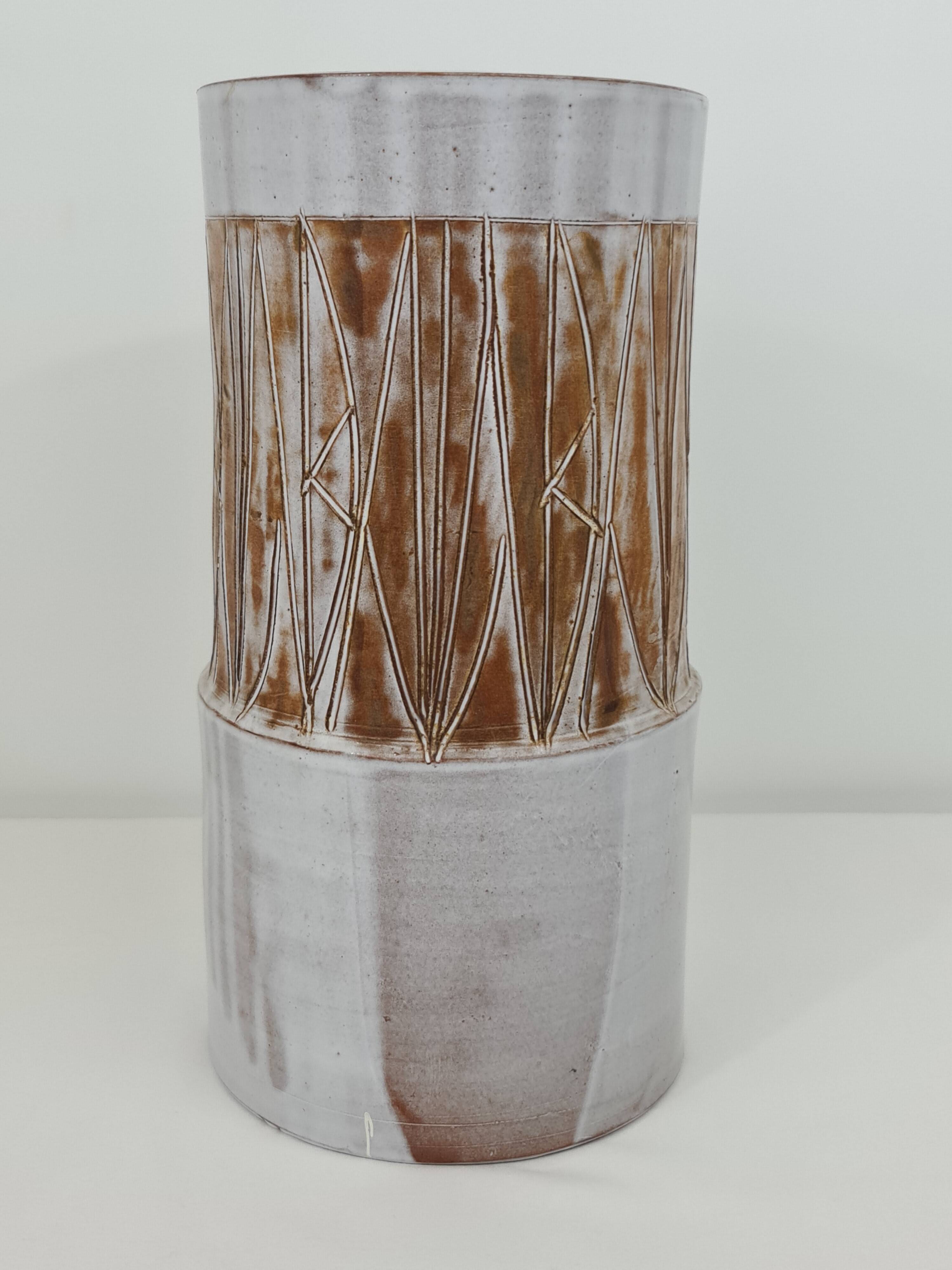 Large ceramic cylinder vase by Les Argonautes