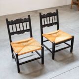 2 low bedroom chairs in hand-woven rice straw, 1950s/1960s