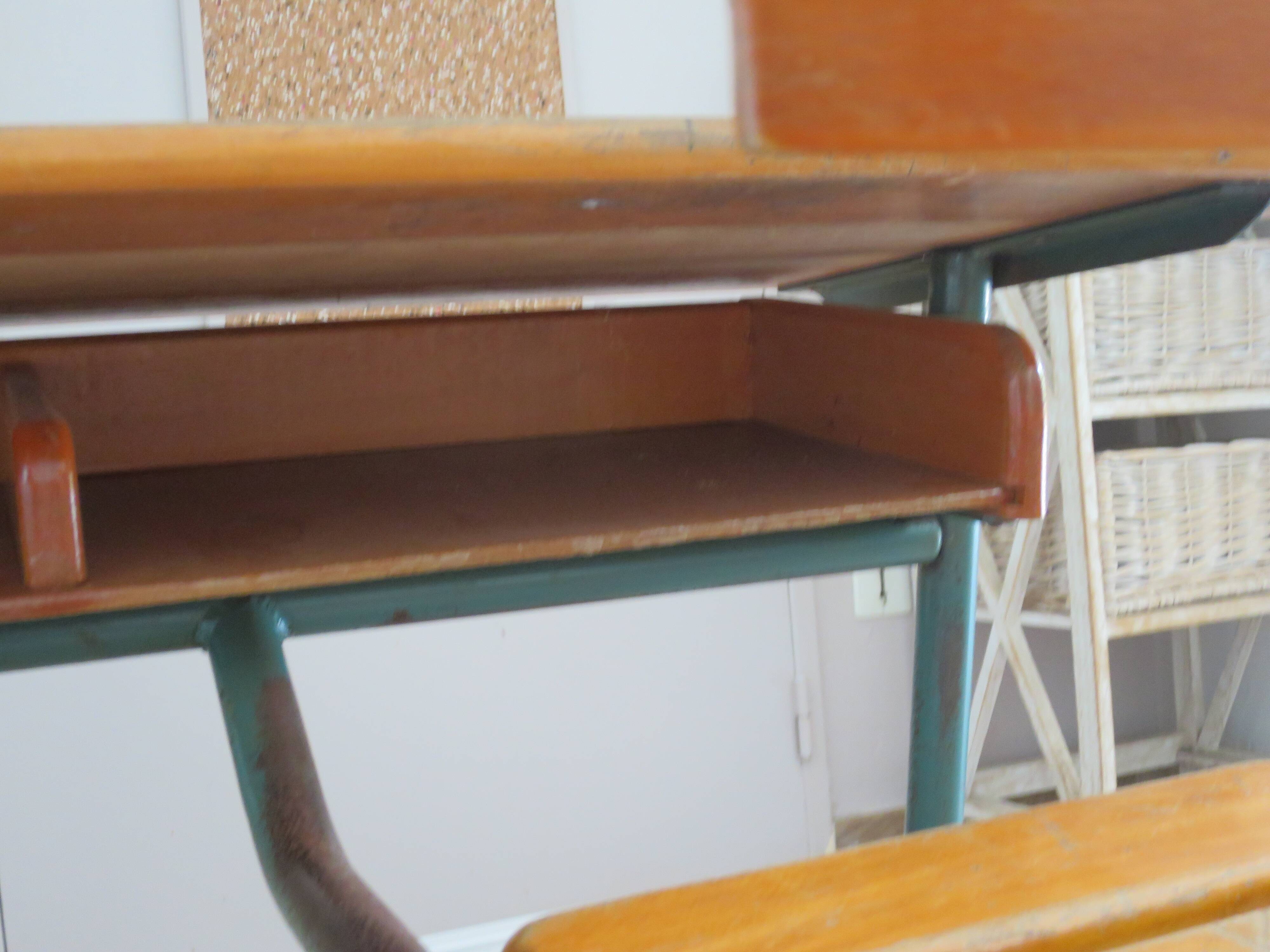 Bureau d’écolier vintage en bois et métal - Bureau double