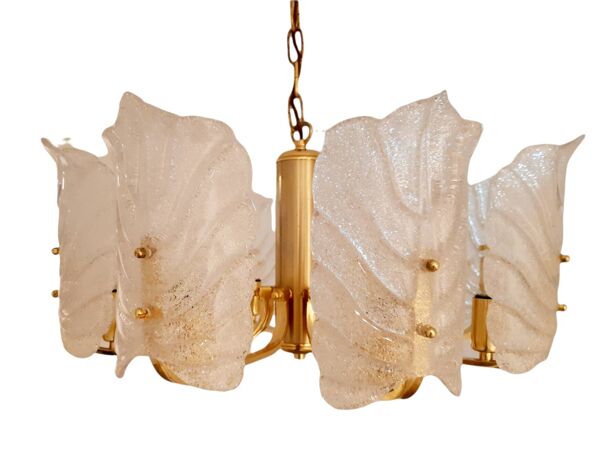 Grand lustre vintage à huit bras en laiton et verre glacé par Carl Fagerlund, 1960s
