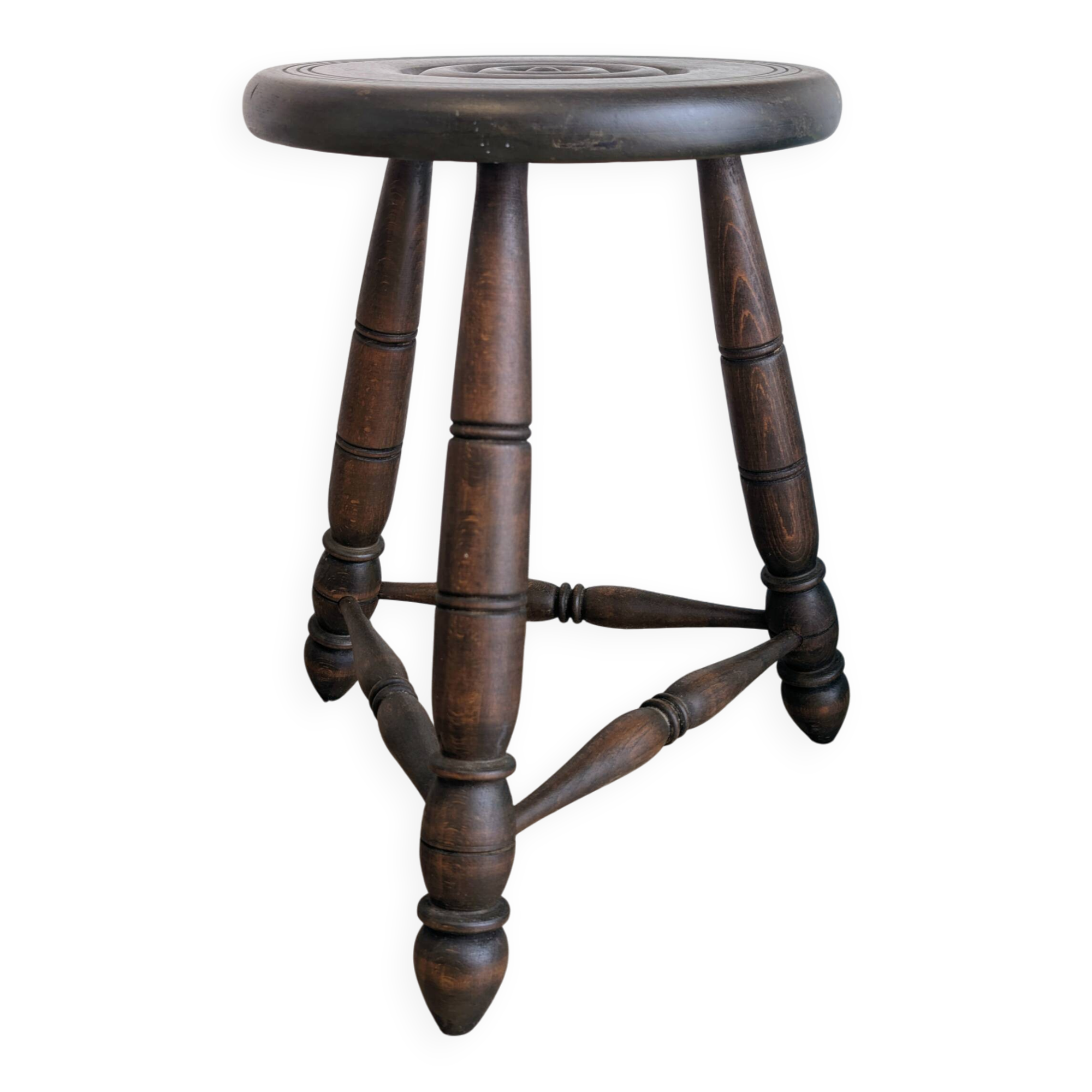 Tripod stool in turned wood, attributed to Charles Dudouyt, 20th century.