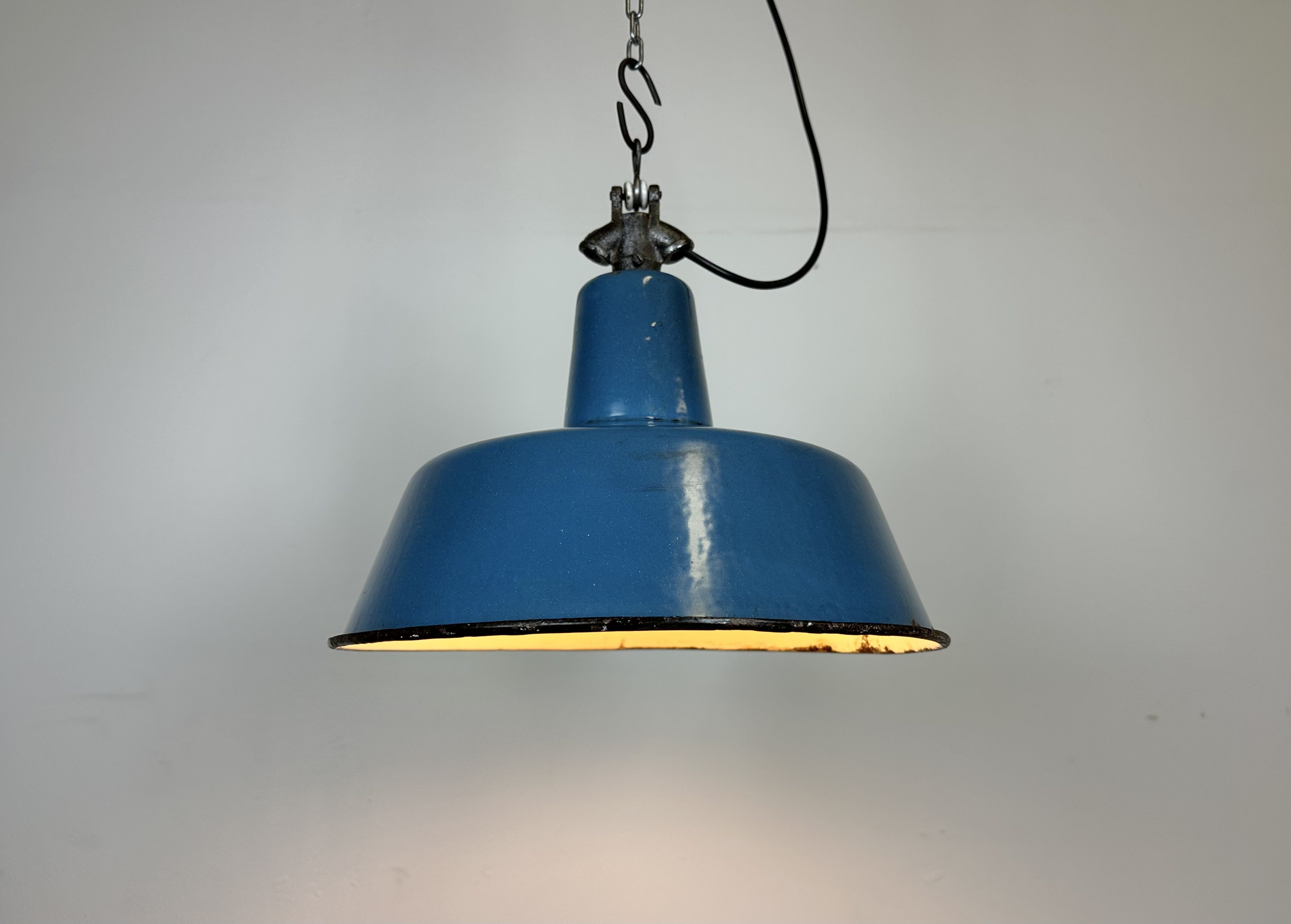 Industrial Blue Enamel Factory Lamp with Cast Iron Top, 1960s