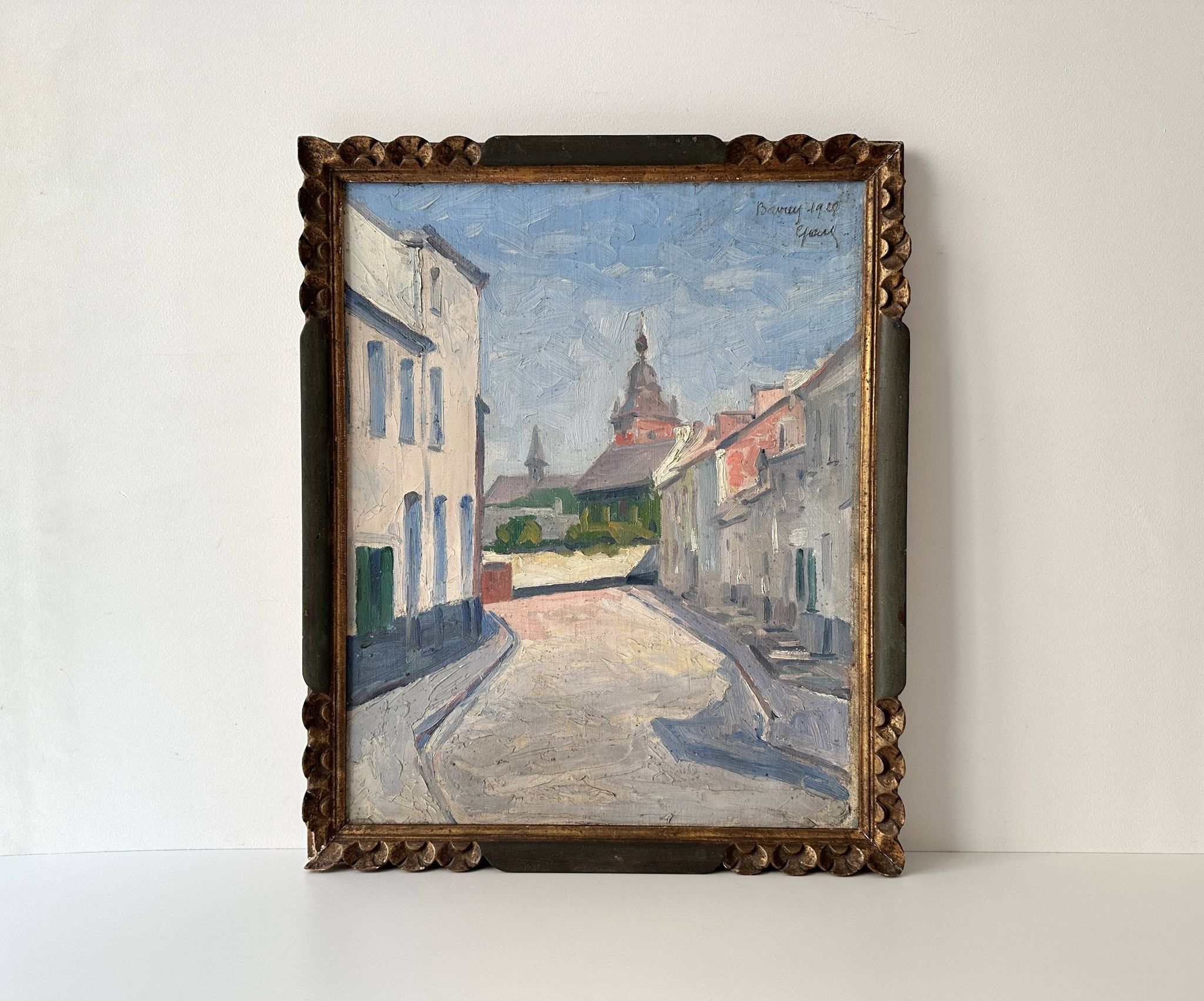 Oil on canvas of a French village "Bavay" 1928, landscape signed and framed.