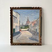 Oil on canvas of a French village "Bavay" 1928, landscape signed and framed.