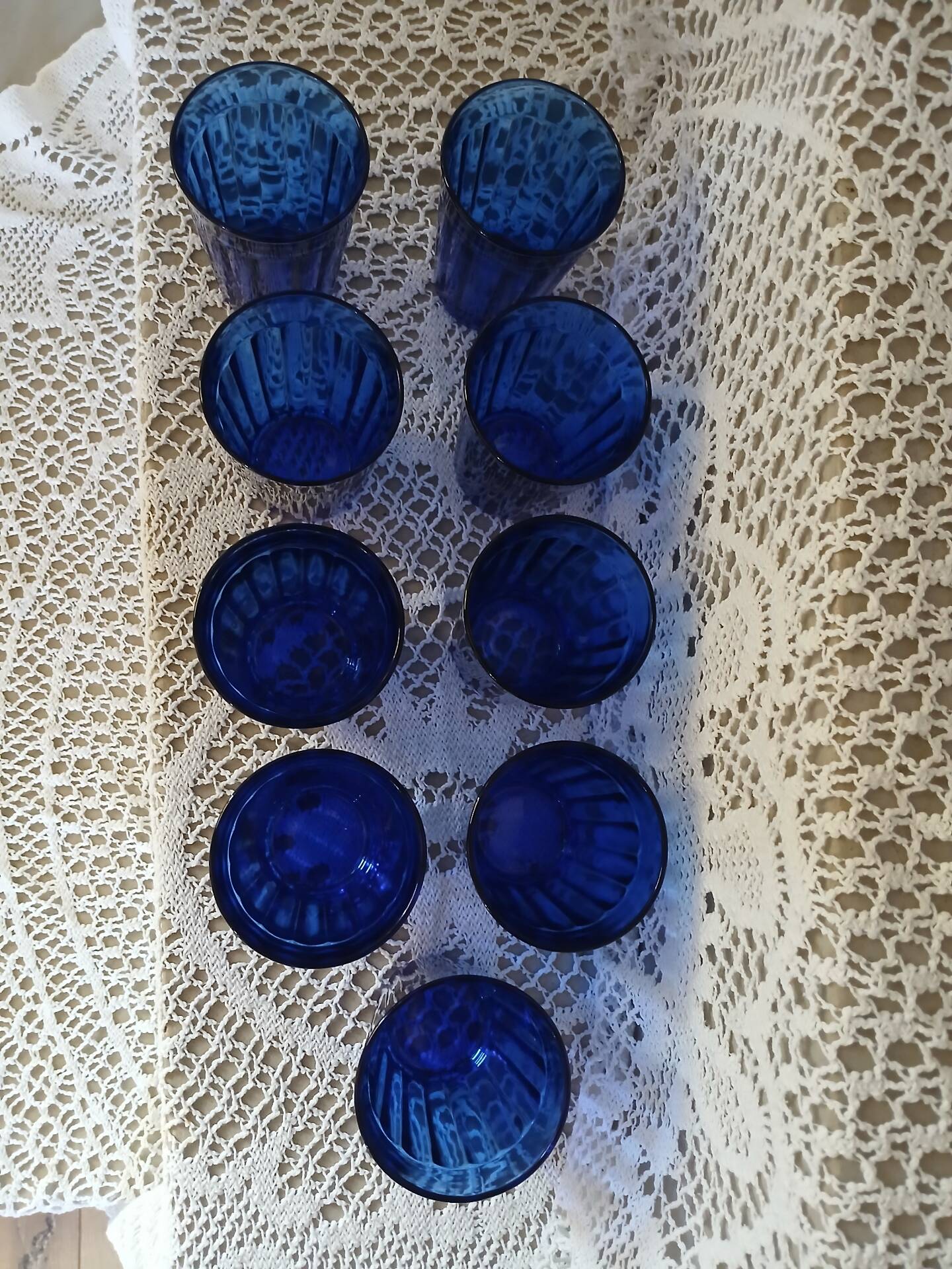 9 antique cobalt blue water glasses
