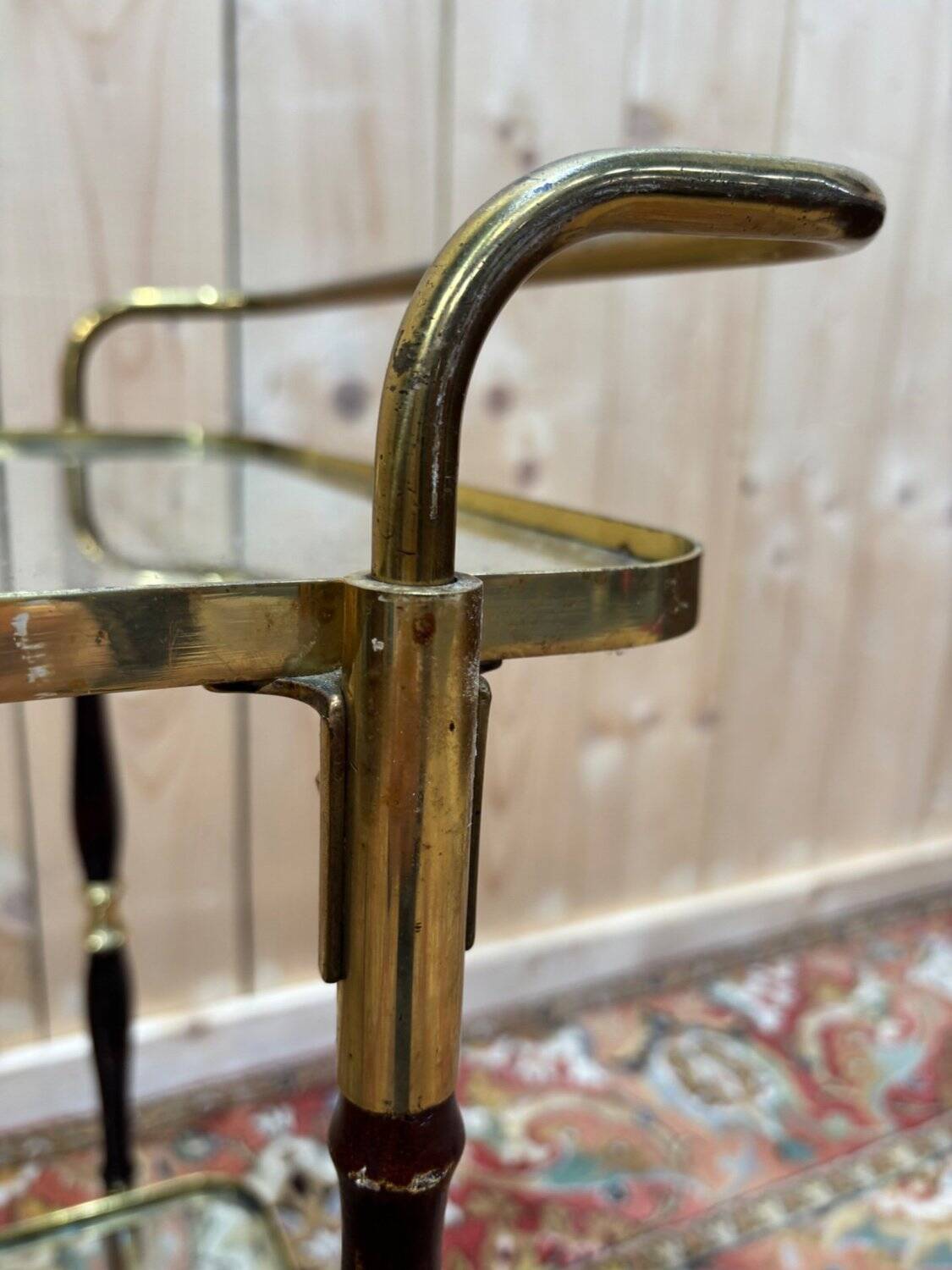 Glass, brass, and wood side table from the 1950s/60s.