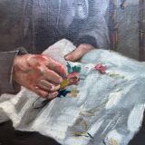HST painting "Family portrait: the embroiderer" signed Marolles 19th century