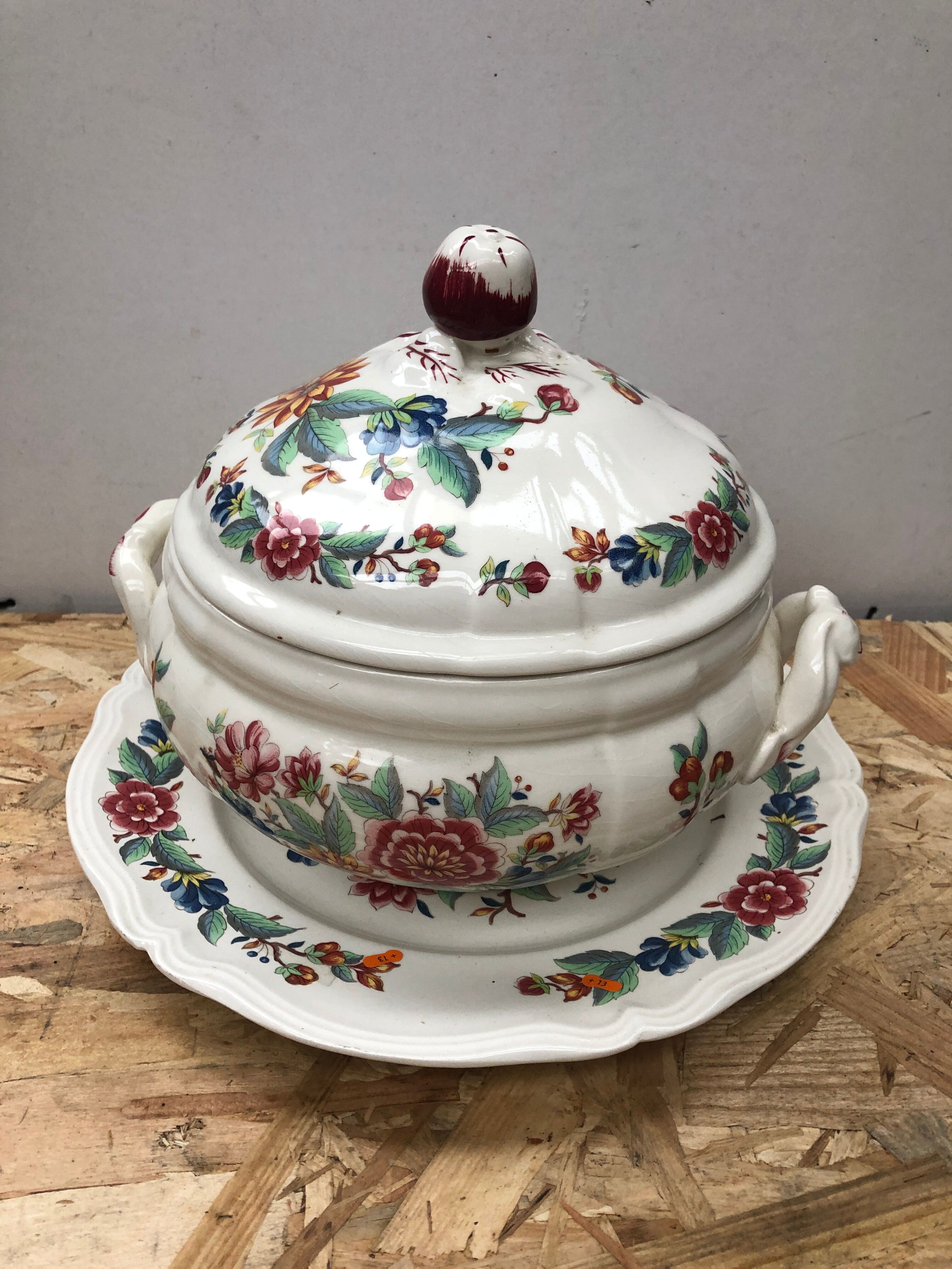 Ancienne soupière + plateau sarreguemines modèle vence céramique fleurs vintage