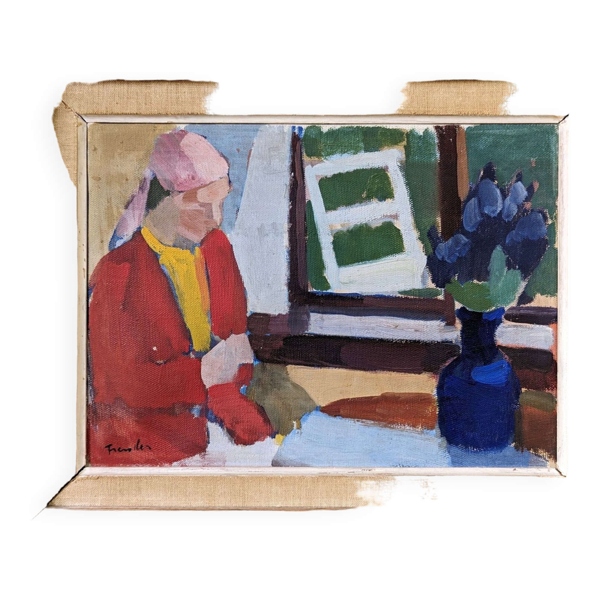 Mid-Century Modern "Window Seat", Swedish Figurative Interior Oil Painting, Framed