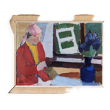 « Window Seat » moderne du milieu du siècle, peinture à l’huile intérieure figurative suédoise, encadrée