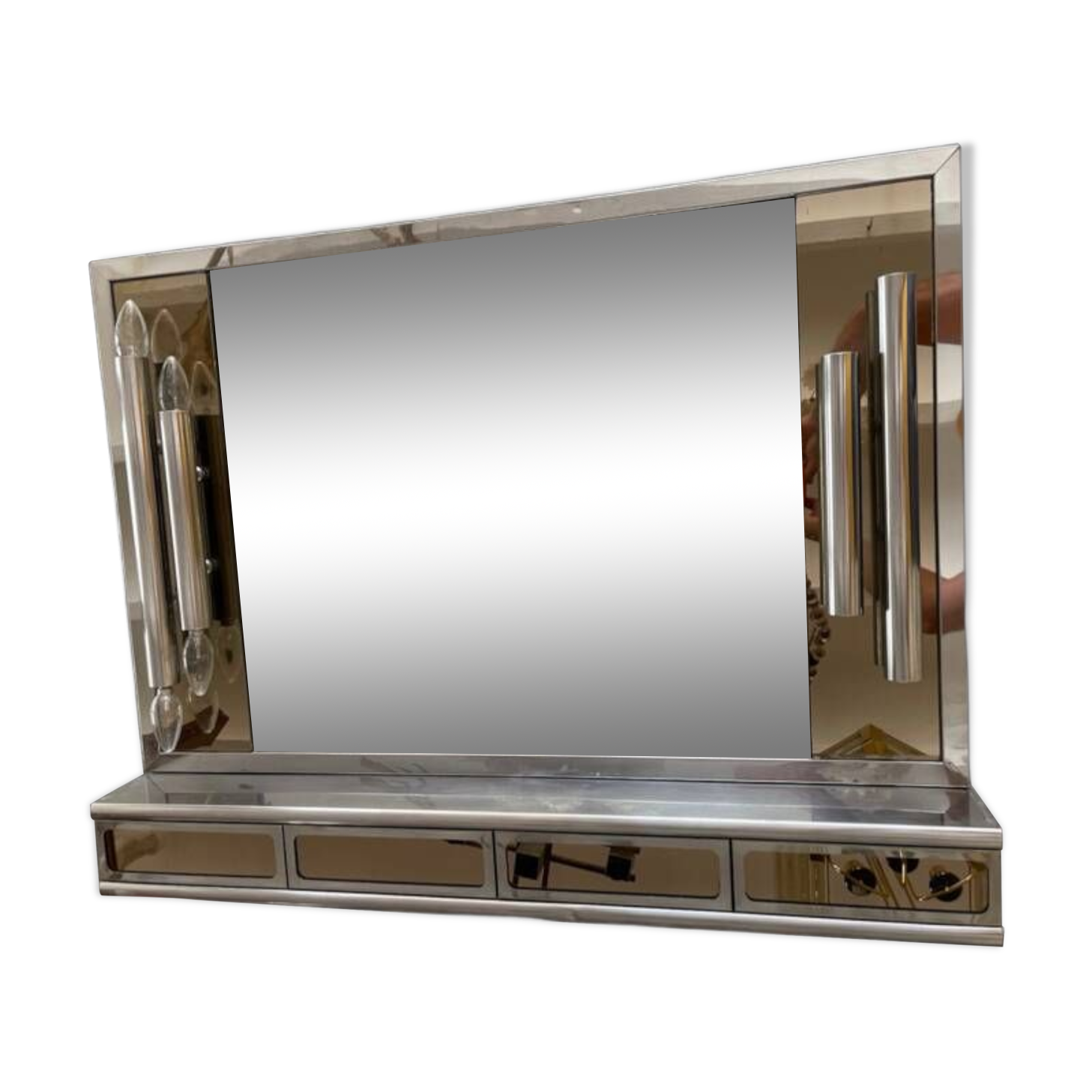 Veca glass chrome mirror and storage, spain 1970s