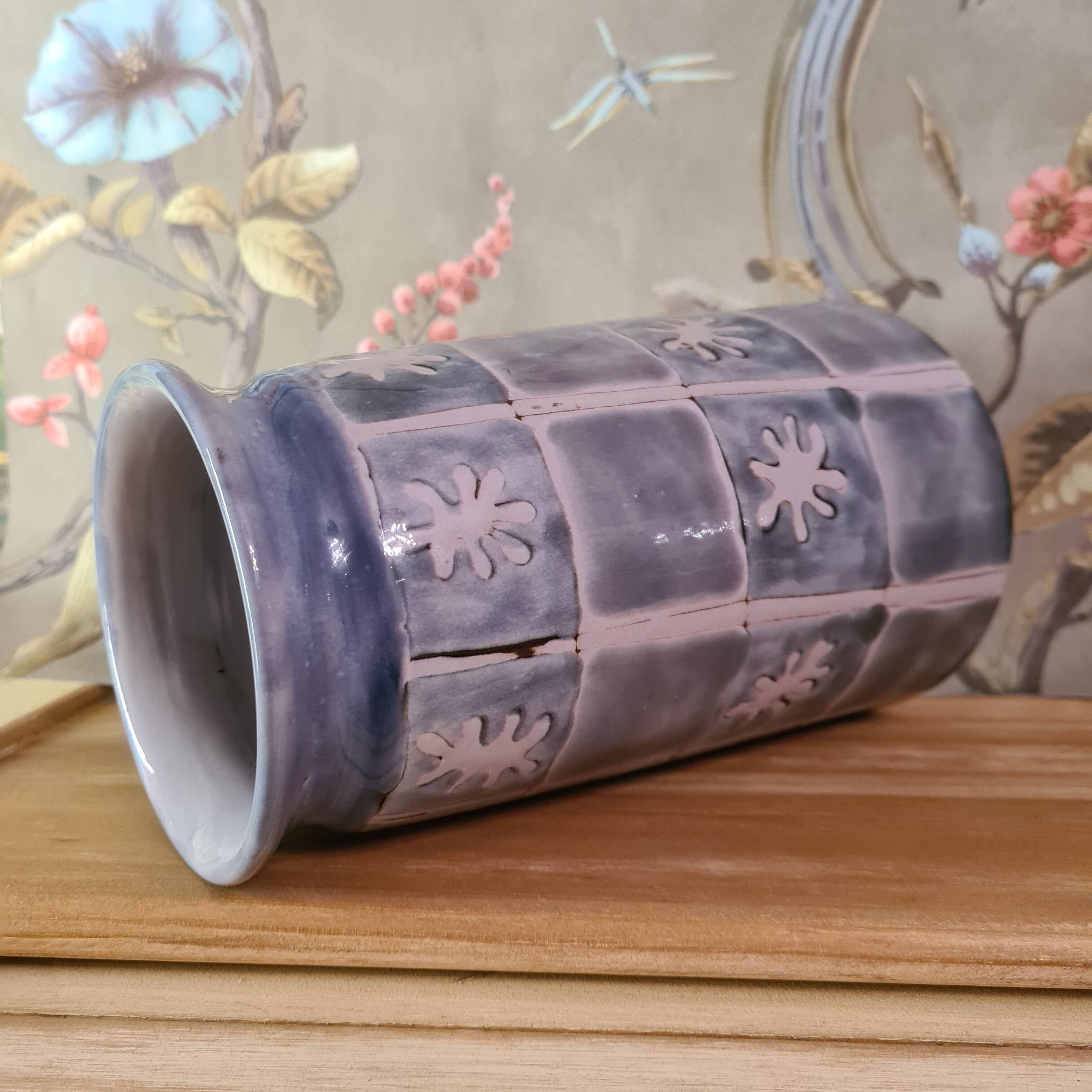 Original vase signed in blue purple glazed terracotta with pink motifs