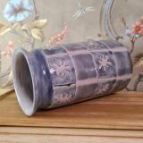 Original vase signed in blue purple glazed terracotta with pink motifs