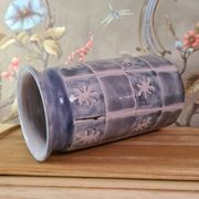 Original vase signed in blue purple glazed terracotta with pink motifs