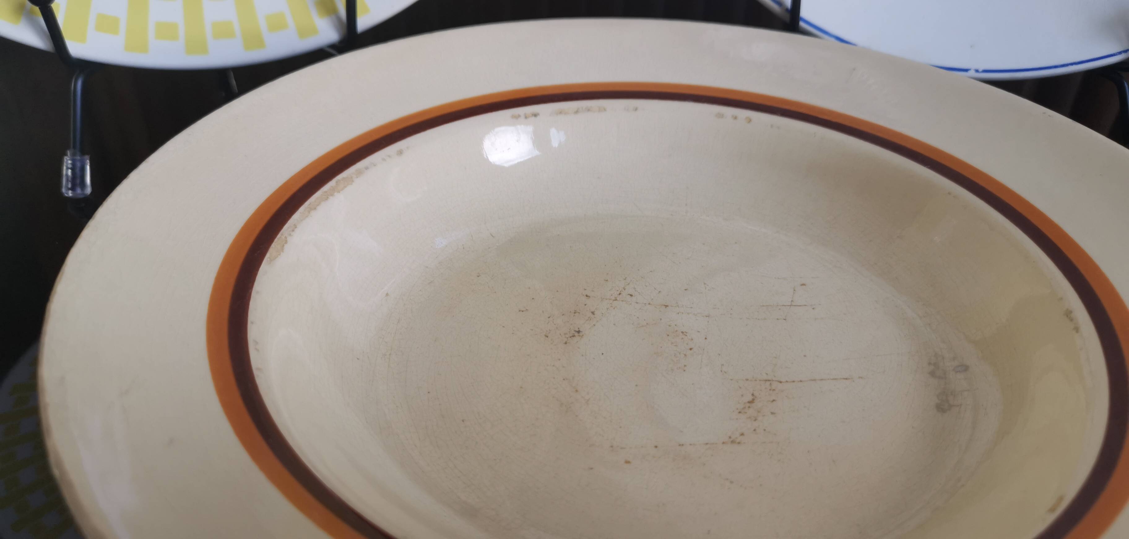 6 old plates mismatched geometric patterns Moulin des Loups, St Amand