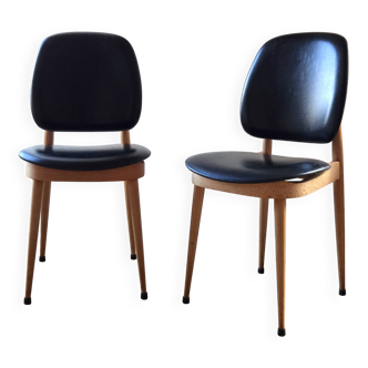 Paire de chaises Baumann Pégase en bois et cuir - design Pierre Guariche